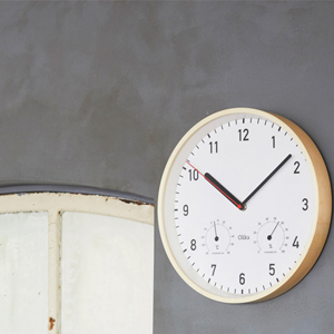 温度計(thermometer)/湿度計（hygrometer)を備えた環境の変化を
	確かめていただける掛け時計です。